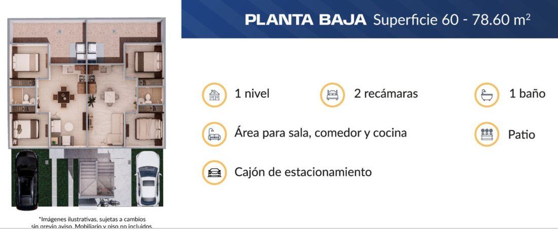 Primer nivel Terralza, 47.9 m², 2 recámaras