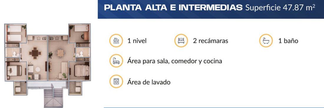 Segundo nivel Terralza, 47.9 m², 2 recámaras